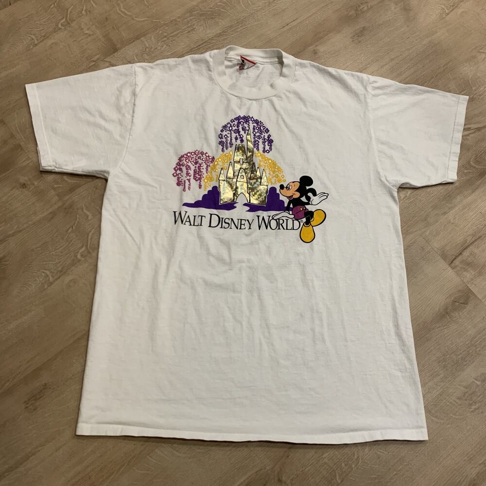 Vintage 90s Walt Disney World Designs Castle Fireworks T-Shirt Men's XL Mickey
